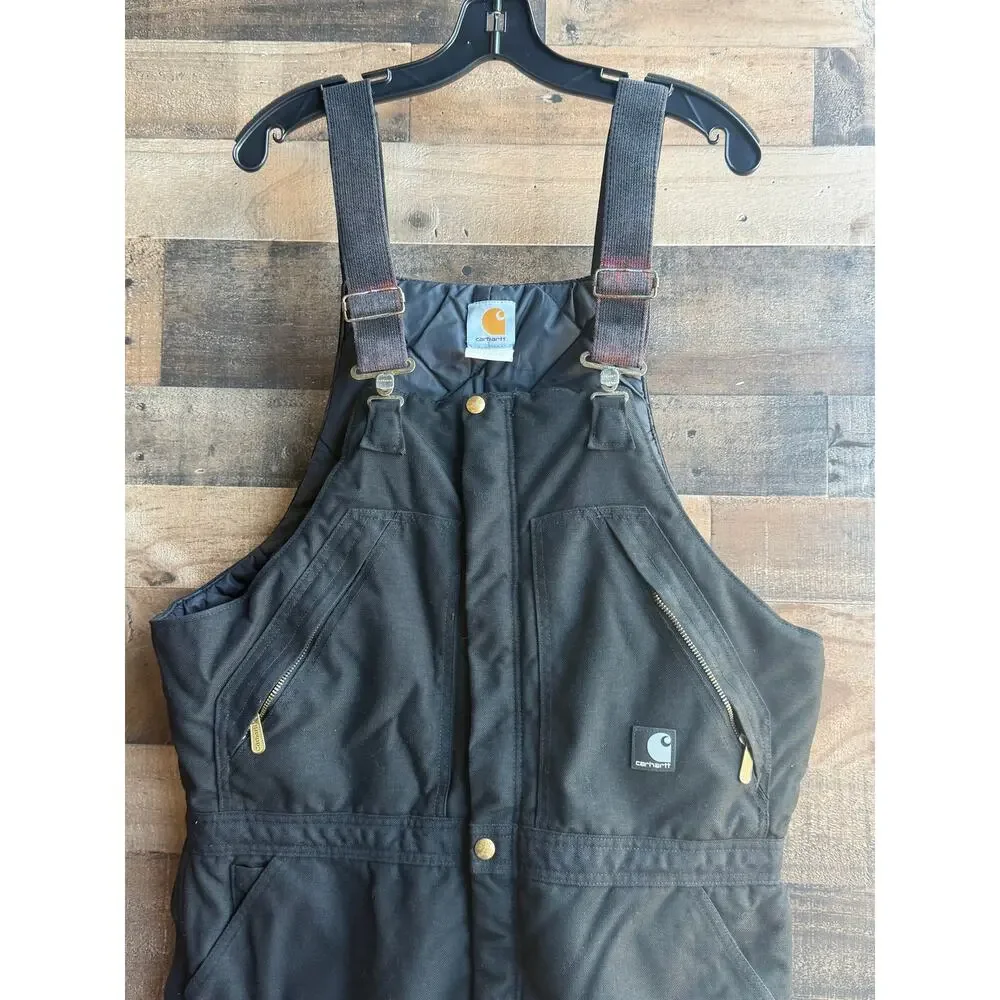 Vintage Carhartt Made in USA Black Quilt-Lined Duck Canvas Bib Overalls - Size L